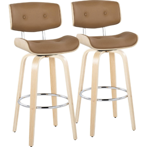 Lombardi 30" Swivel Bar Stool in Natural Wood & Camel Leatherette w/ Chrome Footrest (Set of 2)